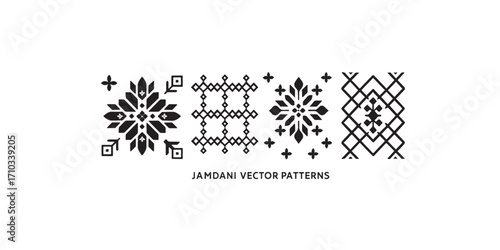 Print  Seamless vector pattern set inspired by traditional Bengali Jamdani motifs – floral, geometric, and lattice designs in minimal style. Editable paths, isolated on white.