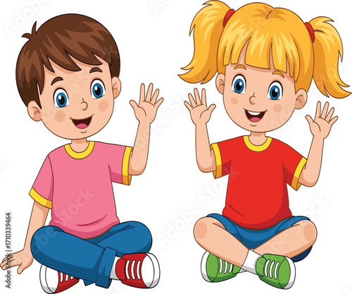 Cartoon boy and girl sitting on floor, happy children waving hands, smiling kids, friendship, childhood illustration, fun activity, cute characters