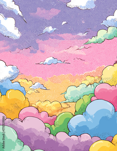 Fondo vectorial colorido con estilo cómic: cielo pastel y nubes suaves