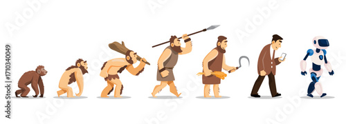 Human evolution cartoon character illustration . Start from prehistoric age, hunter-gatherer age, agricultural age to digital and AI age . Flat design . Isolated white background . Vector .