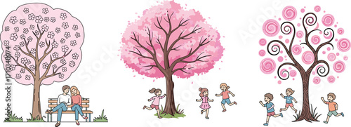 Cherry blossom park, spring season, kids playing, couple relaxing, beautiful pink trees, cartoon style, nature scene, family outdoor illustration