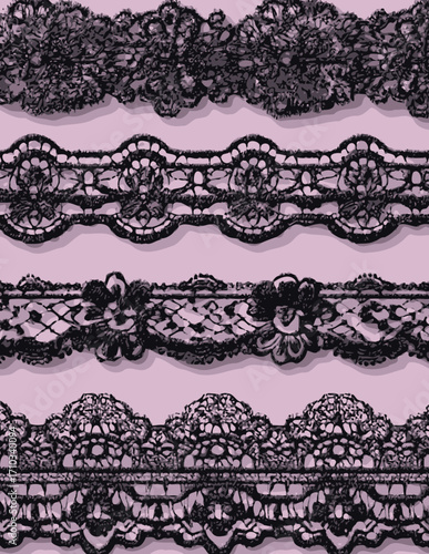 Bordes de encaje negro vectorial, diseño repetible, textura elegante