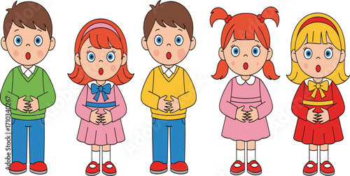 Cartoon children singing, colorful kids illustration, group activity, music performance, preschool choir, happy children, education, teamwork, fun, expressive faces
