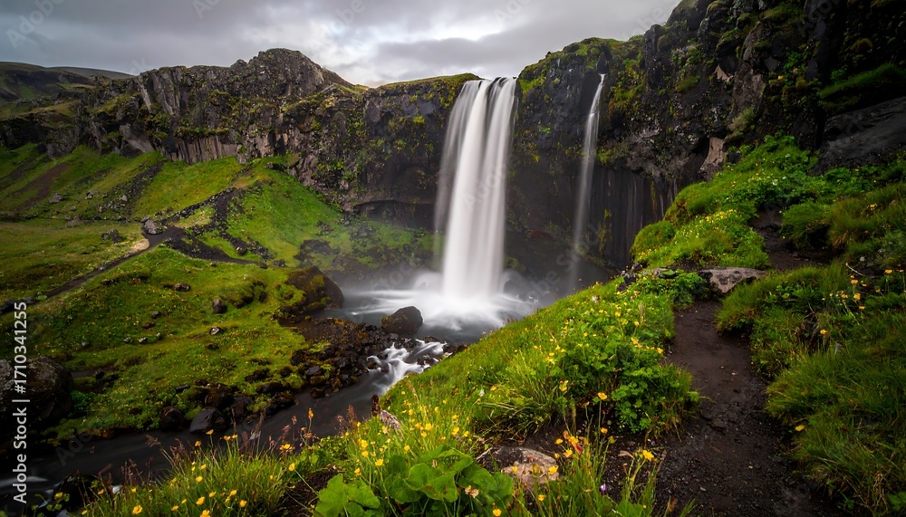 Obraz premium Majestic Seljalandsfoss waterfall in Iceland, surrounded by vibrant green landscape under a cloudy sky.