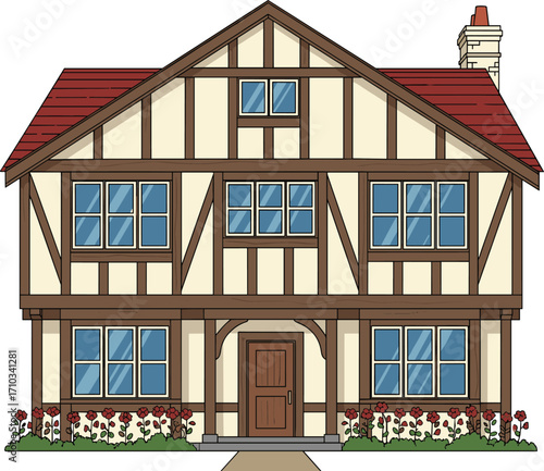 Tudor style house, red roof, classic architecture, symmetrical facade, vintage home, decorative timber, charming garden, flower beds, cozy exterior, illustration