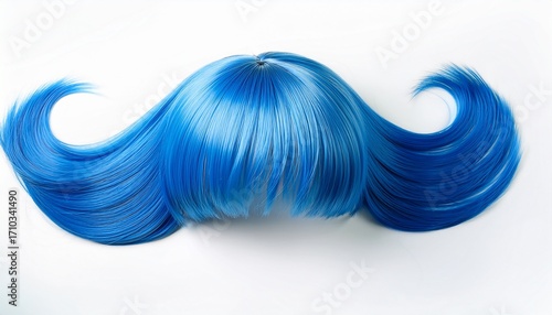this bright blue wig features long flowing ponytails and a blunt fringe isolated on a white background