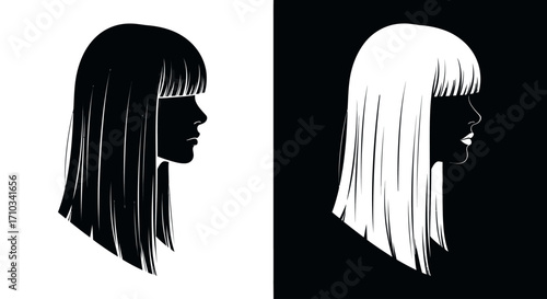 Contrasting black and white silhouettes of a woman's profile with a sleek, modern hairstyle and bangs.