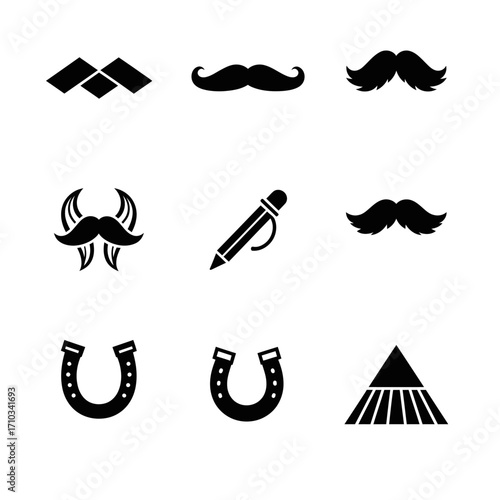 A collection of nine distinct black and white graphic icons featuring various mustache styles, horseshoes, a writing utensil, and geometric shapes.