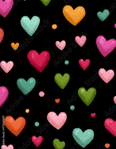 Patrón de corazones multicolores sobre fondo negro
