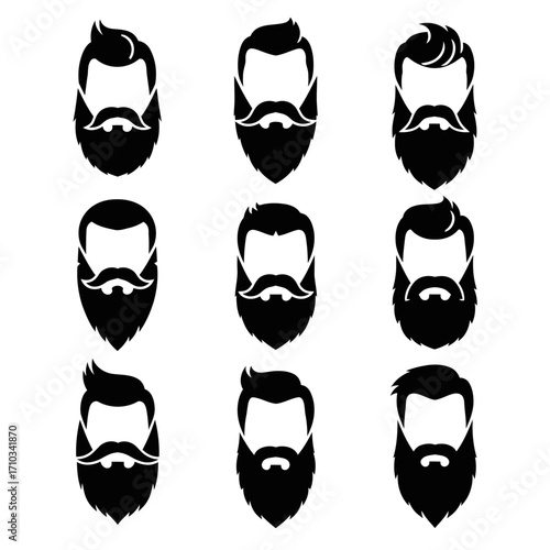 A set of nine black silhouette icons showcasing various men's hairstyles, beards, and mustaches.