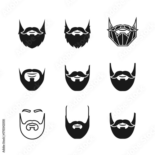 A collection of various stylized beard and mustache designs in a monochrome illustration.
