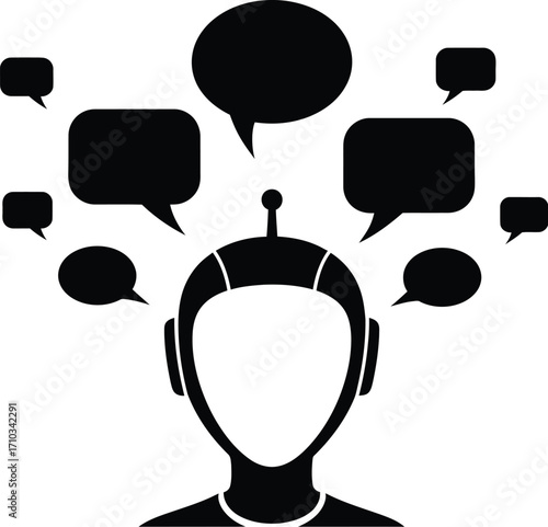 Illustration of a robot head surrounded by speech bubbles isolated on white background the robot head is faceless and has an antenna