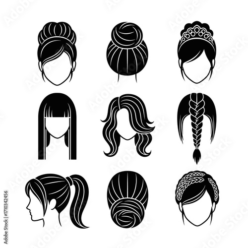 A collection of nine black and white icons showcasing various elegant female hairstyles and haircuts.