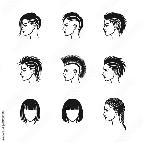 A collection of nine stylized illustrations showcasing diverse edgy hairstyles on profile views of female heads, featuring shaved sides, mohawks, and braided elements.
