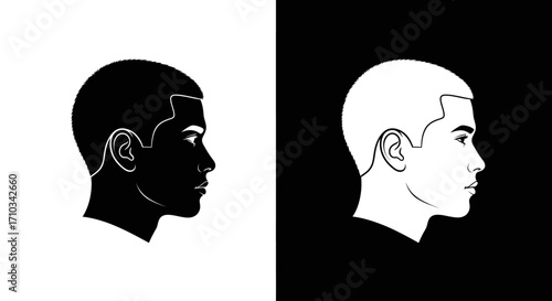 Two contrasting profile portraits of a man's head, one rendered in solid black silhouette against a white background, the other in white outline against a bl...