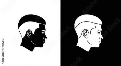 Stylized profile illustrations of a man's head, one in black silhouette against a white background, the other in white outline against a black background, hi...