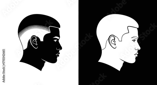 Contrasting black and white profile illustrations of a man with a modern fade haircut.