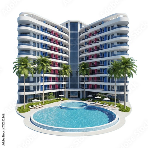  Modern resort hotel building with swimming pool
