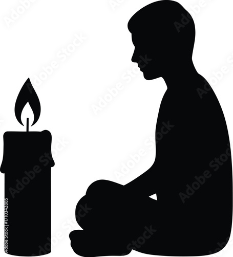 Silhouette of a boy sitting in front of a candle, creating a serene and contemplative scene isolated on white background