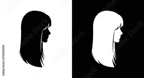 Contrasting black and white silhouettes of a woman's head in profile with long hair and bangs, presented as a dual, inverse graphic.