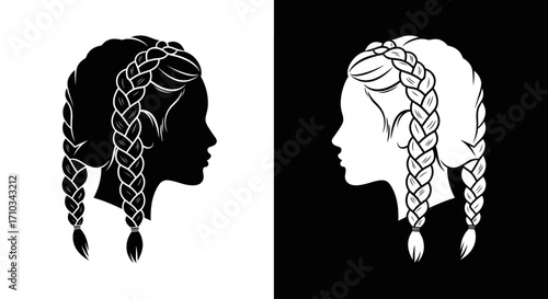 A stylish illustration of a woman's profile with an intricate braided hairstyle, shown in black and white.
