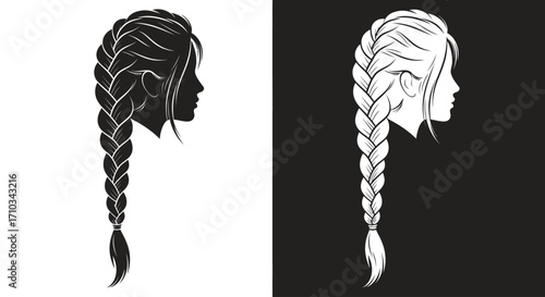 A woman's head in profile with a modern haircut, depicted in contrasting black and white graphic styles.
