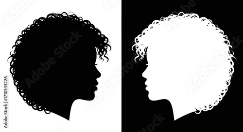 Two contrasting black and white silhouettes of a woman's profile with a large, curly afro hairstyle.