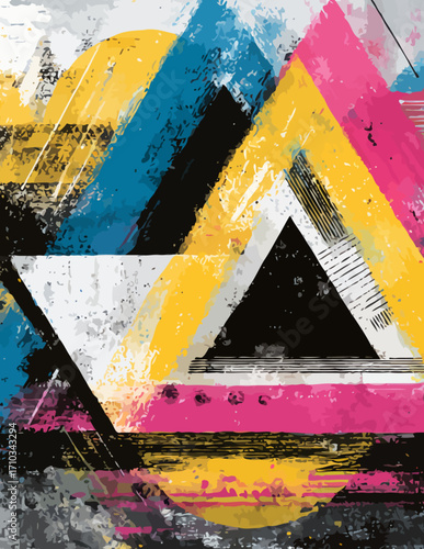 Fondo abstracto geométrico con trazos de pintura y triángulos superpuestos