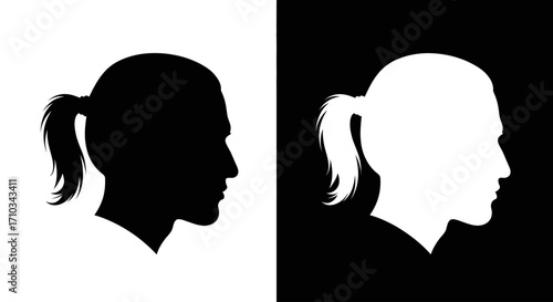Black and white silhouettes of a man's head in profile with his hair tied back in a ponytail.