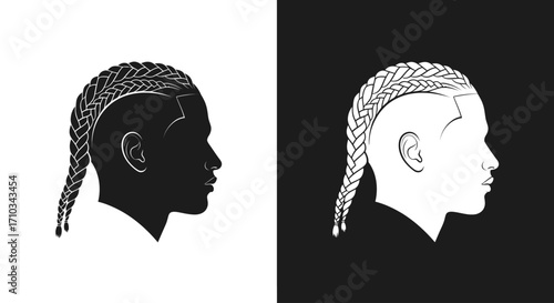 A black and white graphic illustration of a man's head in profile with a modern braided hairstyle.