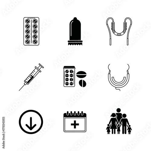 A set of black and white icons representing contraception, sexual health, and family planning methods.