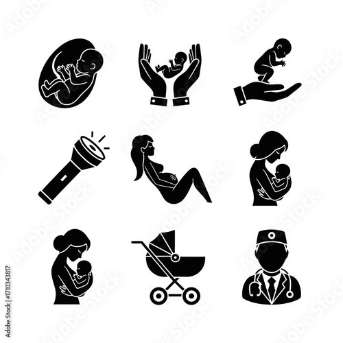 A set of black glyph icons illustrating pregnancy, maternity, and newborn baby care concepts.