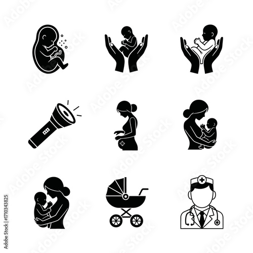 A set of black glyph icons related to pregnancy, maternity, and newborn baby care, including a fetus, mother, doctor, and stroller.