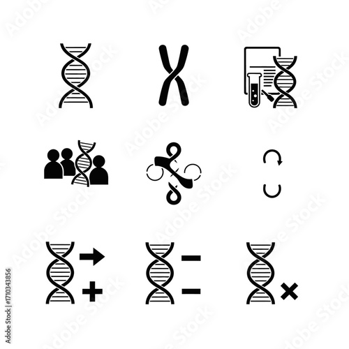 A set of black and white icons illustrating concepts in genetics, including DNA, chromosomes, gene sequencing, and genetic modification.