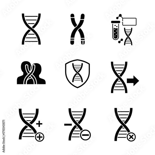 A set of black icons illustrating various concepts related to genetics, DNA, and chromosomes.