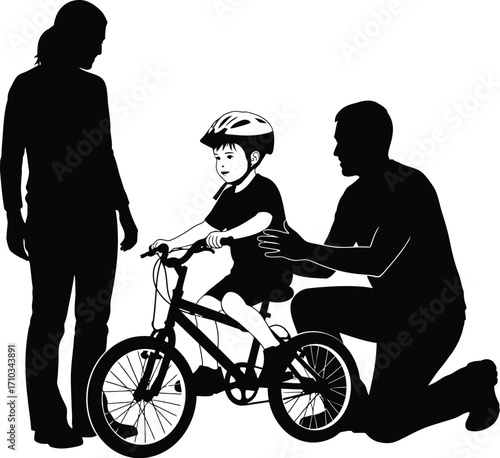 Supportive parents teaching child to ride bike isolated on white background, fostering independence and creating cherished family memories together