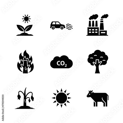 A set of black glyph icons representing environmental issues, climate change, pollution, and global warming.