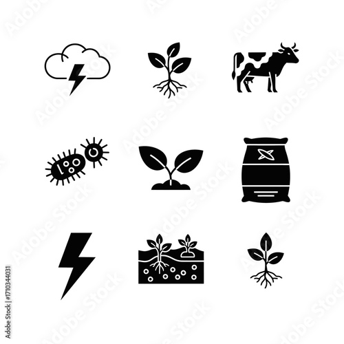 A set of black glyph icons illustrating agriculture and the nitrogen cycle with symbols for lightning, plants, cow, bacteria, and fertilizer.