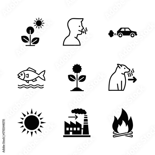 A collection of black line icons representing environmental themes, including nature, pollution from cars and factories, and climate elements like the sun and fire.