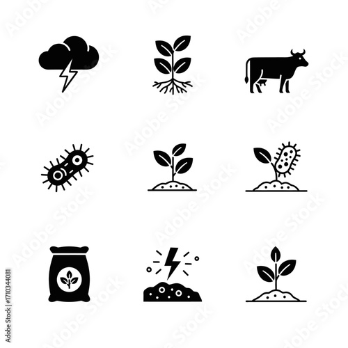 A set of black glyph icons representing agriculture, farming, soil health, and the nitrogen cycle.