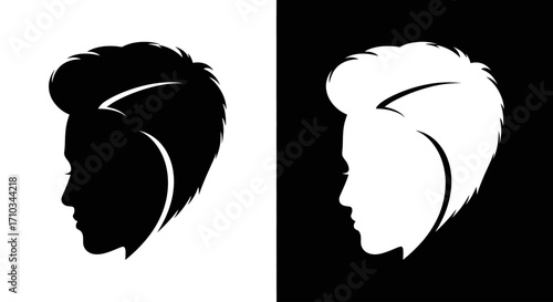 Contrasting black and white silhouettes of a person's head in profile with a fashionable hairstyle.