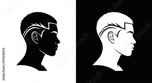A black and white graphic illustration of a man's head in profile with a stylish, modern haircut.
