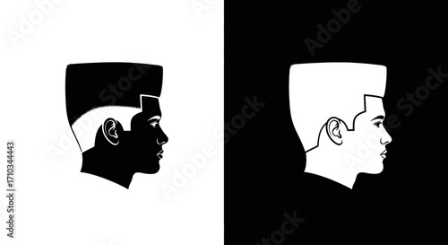 A graphic illustration of a man's head in profile with a flattop haircut, shown in black on white and white on black.