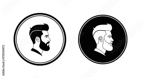 Two circular profile illustrations of a man's head with a styled beard and haircut, presented in both black and white and inverted color schemes.