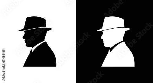 Two contrasting silhouettes of a man in profile wearing a fedora hat, presented in black on white and white on black.