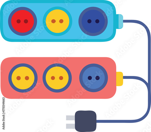 Colorful power strip with multiple sockets and plug on white background extension cord electrical outlet