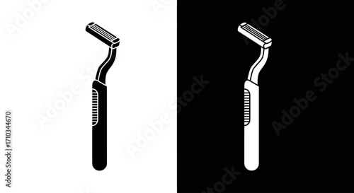 An illustration showing a razor, presented in black on white and white on black, in an isometric view.