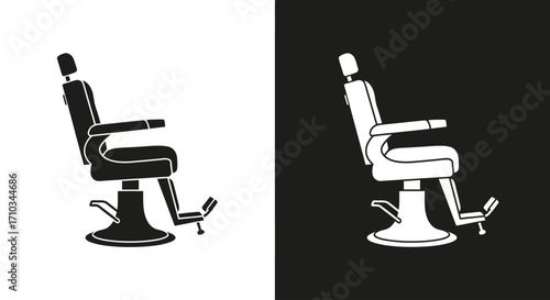 A classic barber chair in side profile, depicted as a black silhouette on white and a white silhouette on black.
