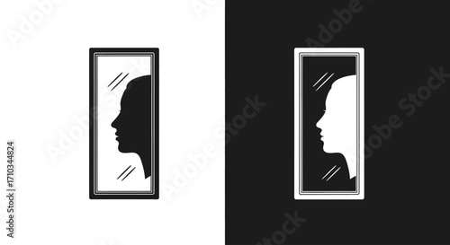 A minimalist black and white illustration of a face silhouette reflecting in a mirror, representing self-perception and duality.