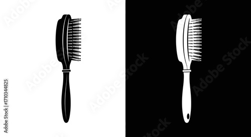 Two hairbrushes, one black on white background, one white on black background, displayed side-by-side.